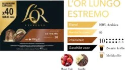 L'OR Lungo Estremo Koffiecups - Intensiteit 10/12 - 4 X 40 Capsules -Koffiedrank Winkel 1200x676