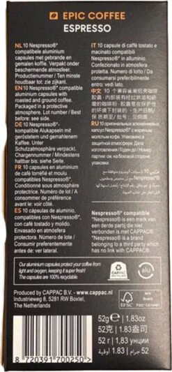 100 Capsules Epic Coffee - Espresso - Nespresso® Compatible Aluminium Capsules - RFA Keurmerk - Doos 100 Stuks 15 100 Capsules Epic Coffee - Espresso - Nespresso® Compatible Aluminium Capsules - RFA Keurmerk - Doos 100 Stuks -Koffiedrank Winkel 556x1200