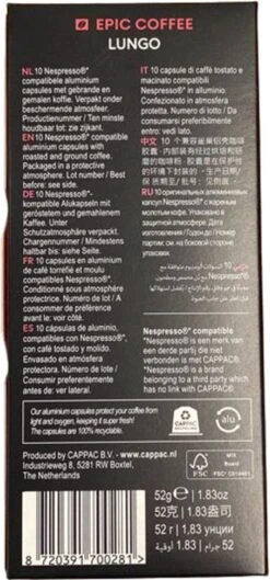 100 Capsules Epic Coffee - Lungo - Nespresso® Compatible Aluminium Capsules - RFA Keurmerk - Doos 100 Stuks 17 100 Capsules Epic Coffee - Lungo - Nespresso® Compatible Aluminium Capsules - RFA Keurmerk - Doos 100 Stuks -Koffiedrank Winkel 560x1200