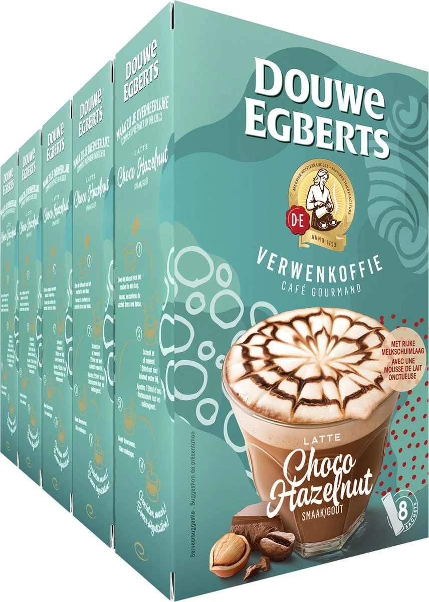 Douwe Egberts Latte Choco Hazelnut Oploskoffie - 5/9 Intensiteit - 5 X 8 Zakjes 3 Douwe Egberts Latte Choco Hazelnut Oploskoffie - 5/9 Intensiteit - 5 X 8 Zakjes
